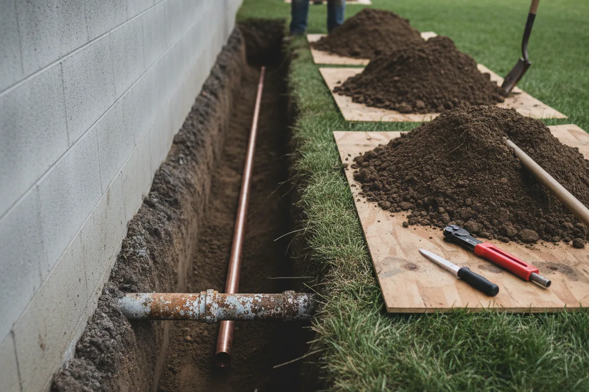 Excavated water line trench during Water Heater Repair in Peyton